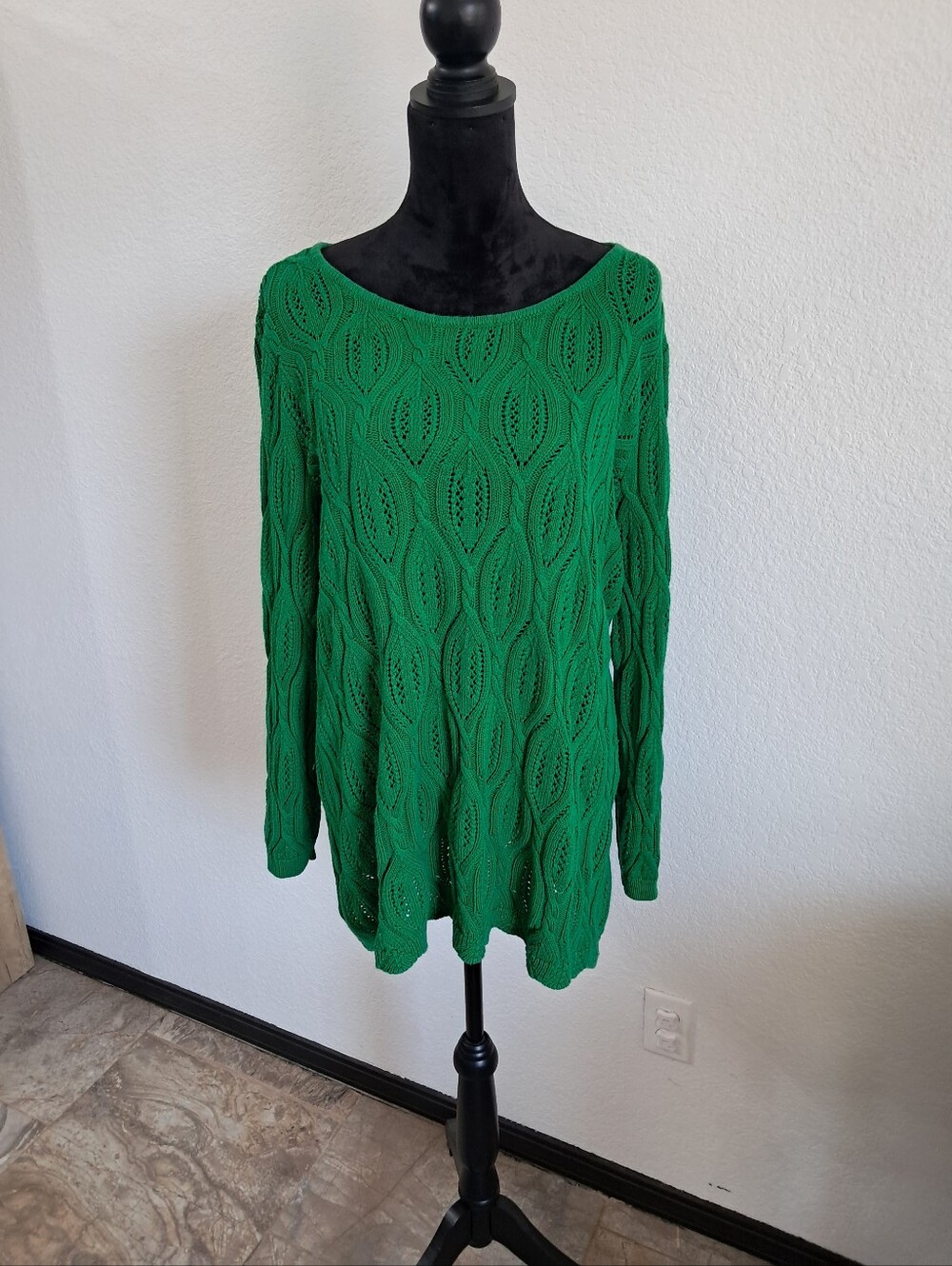 Vntg Chealsea Studio Green Crochet Knit Sweater 3/4 Sleeve Boho Cottagecore 1X